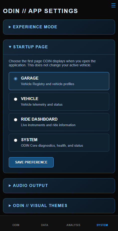 Actual ODIN CORE App Settings screenshot